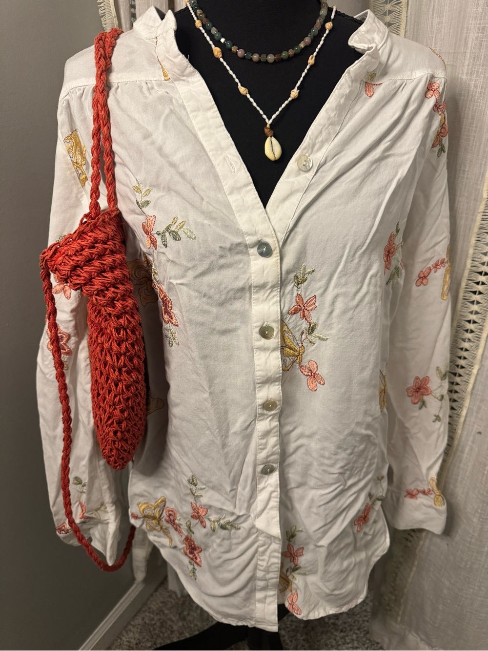 fig and flower White Button-Down Shirt with Pink & Yellow Floral Embroidery